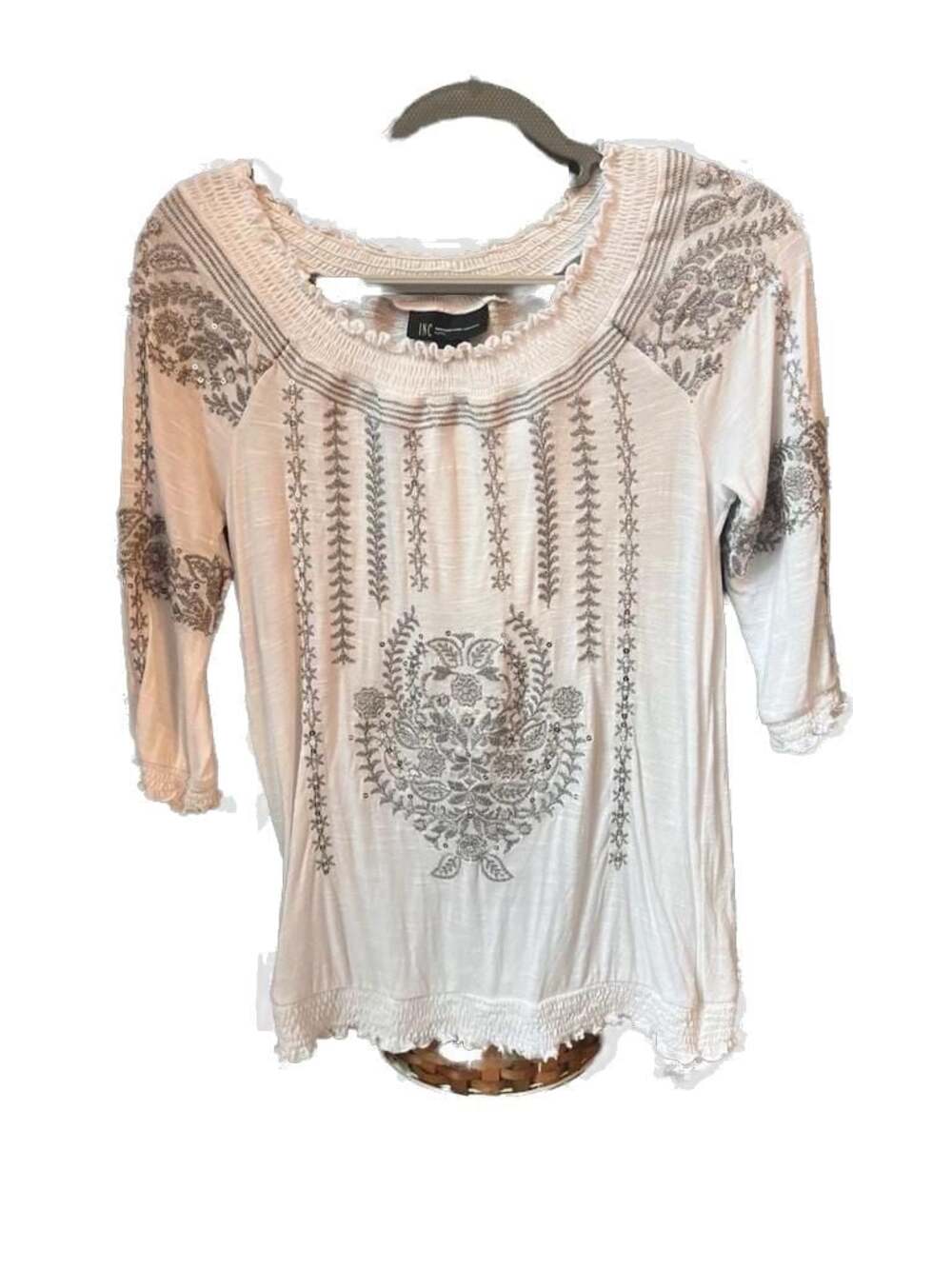 INC International Concepts Petite P Off-Shoulder Embroidered Sequin Blouse Small - Picture 2 of 6
